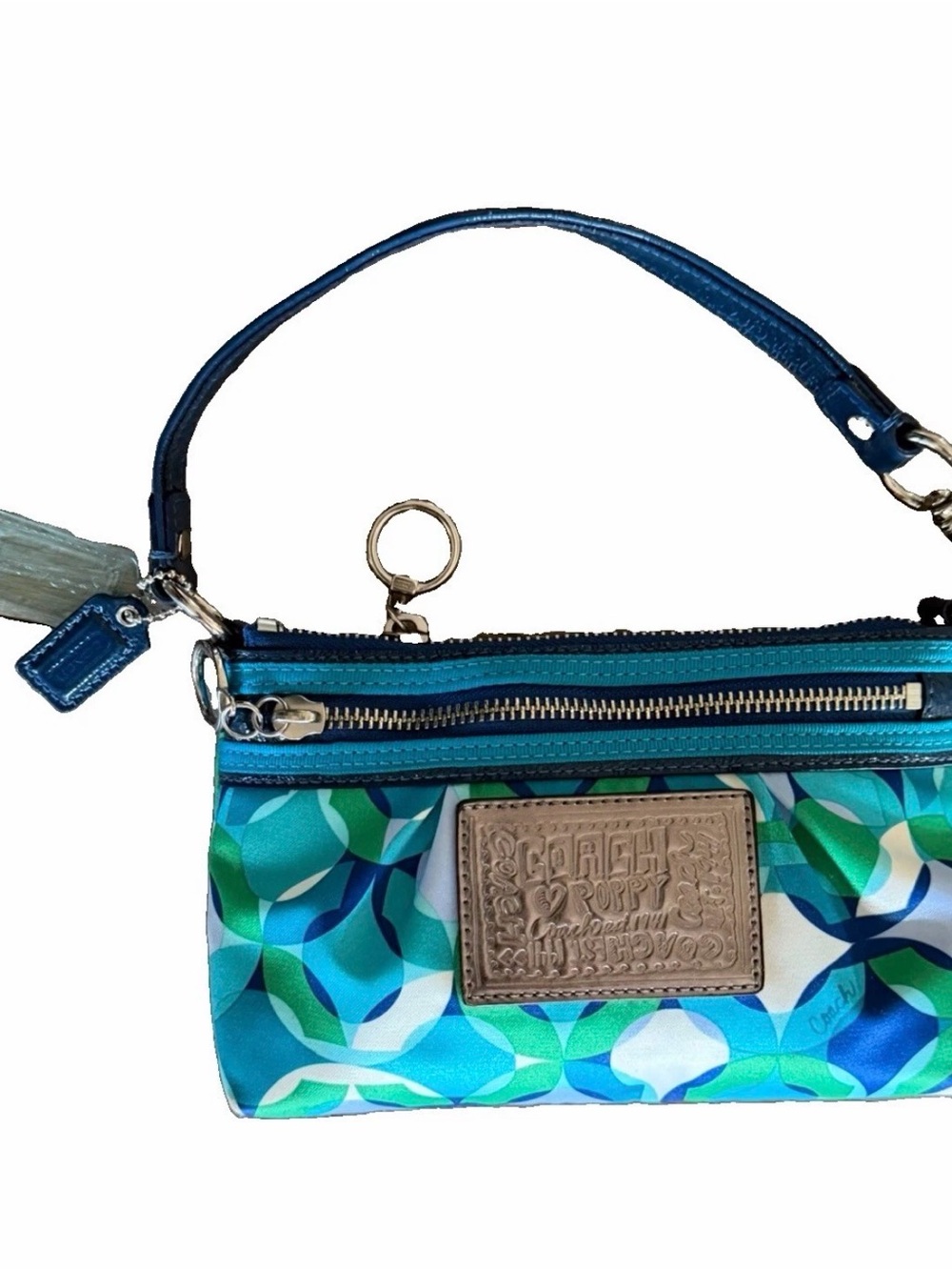 Coach Blue & Teal Geo Print Wristlet with Leather Patch